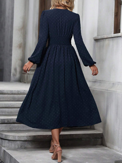 Vintage-Chic V Neck Swiss Polka Dots Lantern Long Sleeve Midi Office Dress