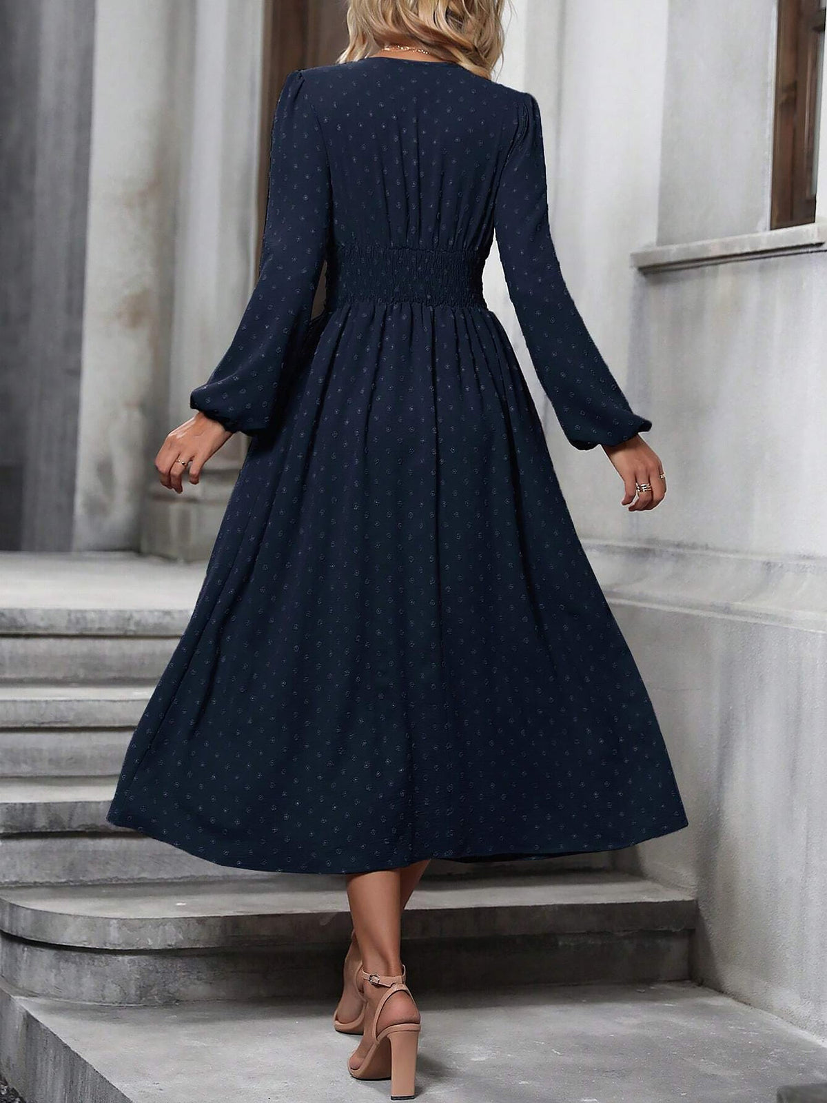 Vintage-Chic V Neck Swiss Polka Dots Lantern Long Sleeve Midi Office Dress