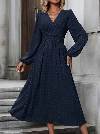 Vintage-Chic V Neck Swiss Polka Dots Lantern Long Sleeve Midi Office Dress