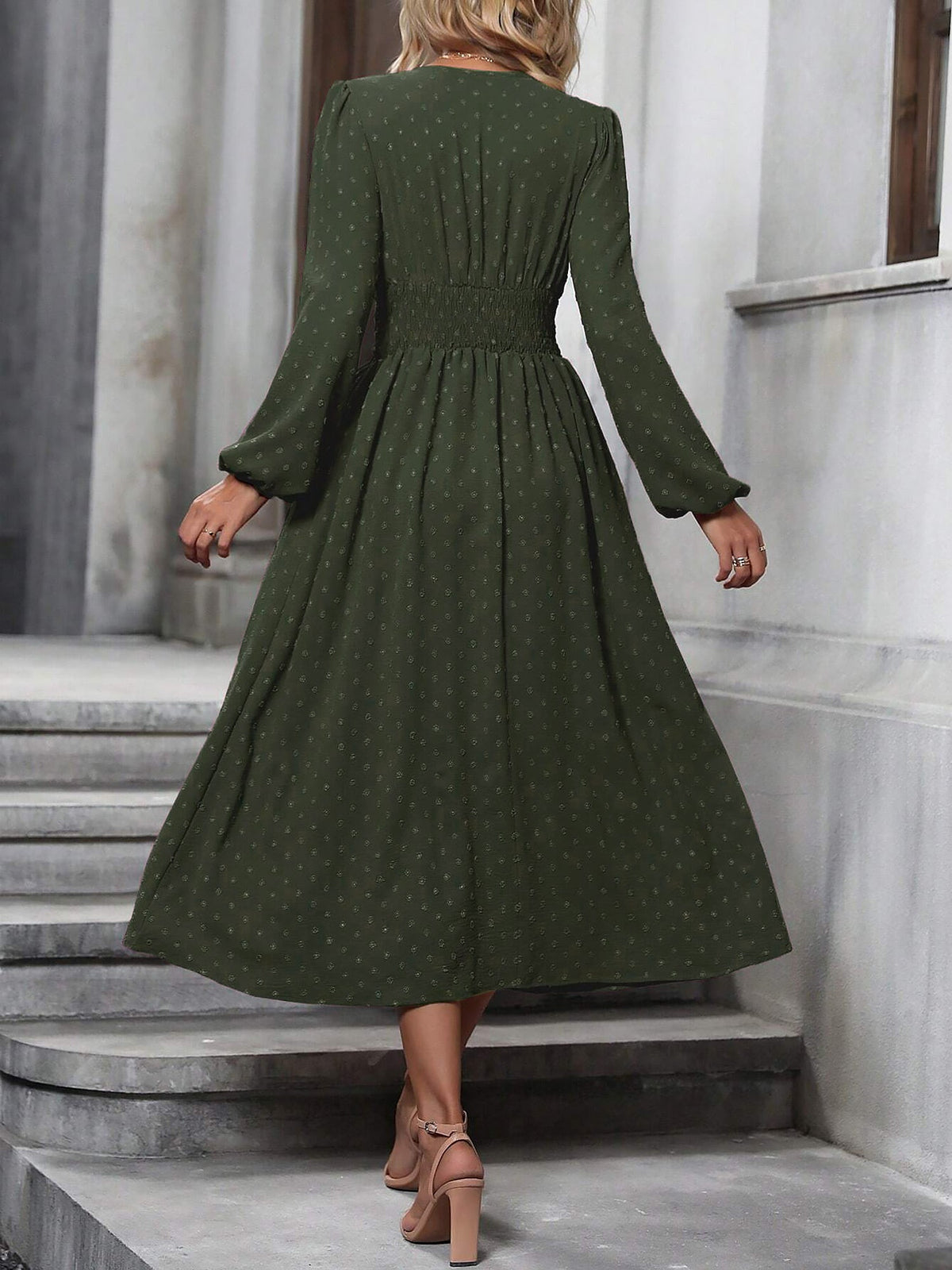 Vintage-Chic V Neck Swiss Polka Dots Lantern Long Sleeve Midi Office Dress