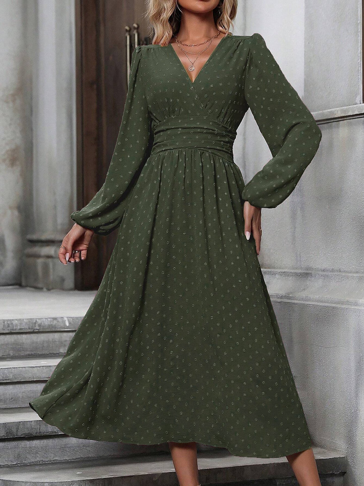 Vintage-Chic V Neck Swiss Polka Dots Lantern Long Sleeve Midi Office Dress