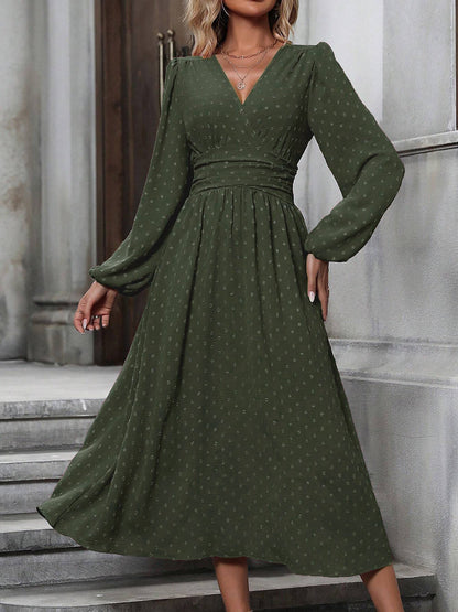 Vintage-Chic V Neck Swiss Polka Dots Lantern Long Sleeve Midi Office Dress