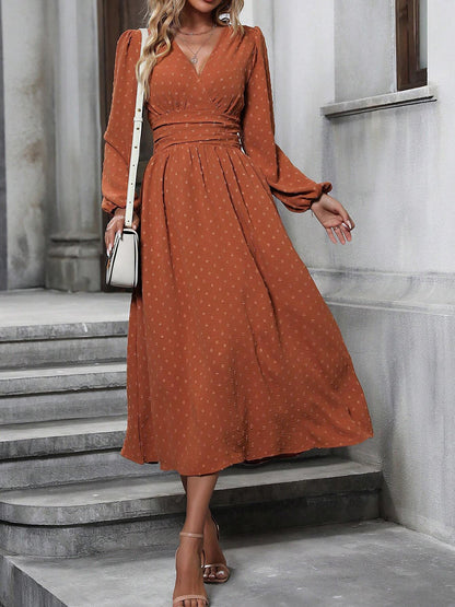 Vintage-Chic V Neck Swiss Polka Dots Lantern Long Sleeve Midi Office Dress