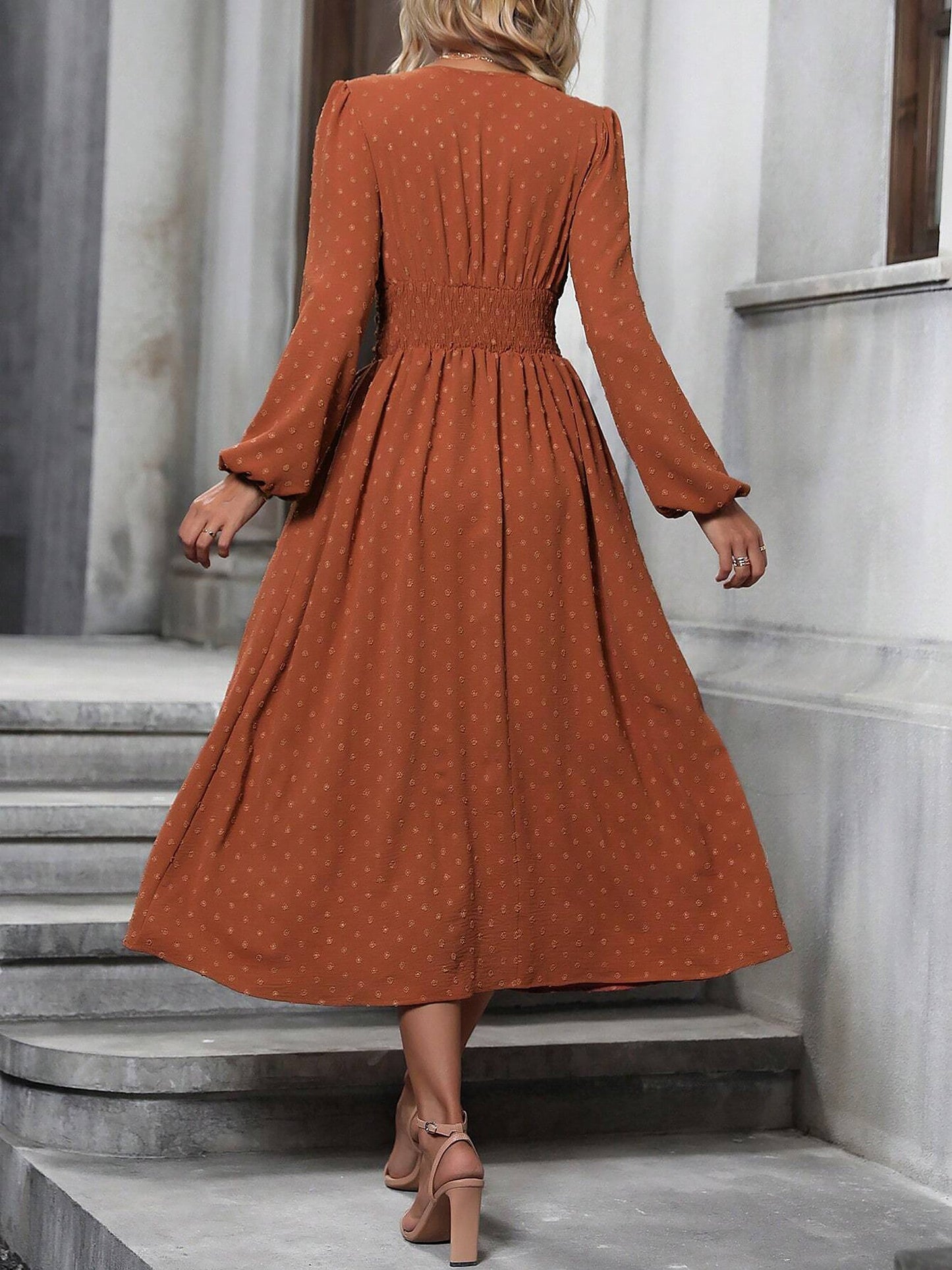 Vintage-Chic V Neck Swiss Polka Dots Lantern Long Sleeve Midi Office Dress