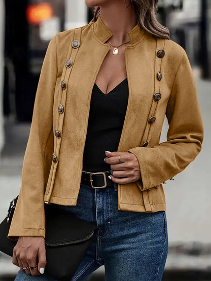 Faux Suede Long Sleeves Button Decor Cropped Jacket