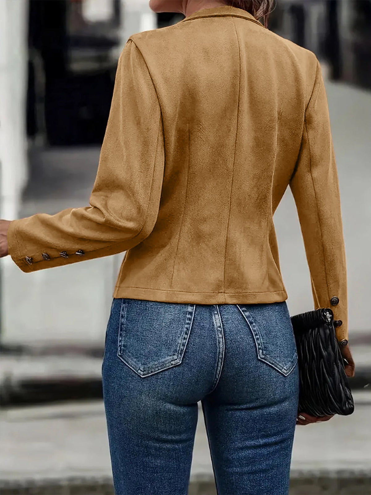 Faux Suede Long Sleeves Button Decor Cropped Jacket