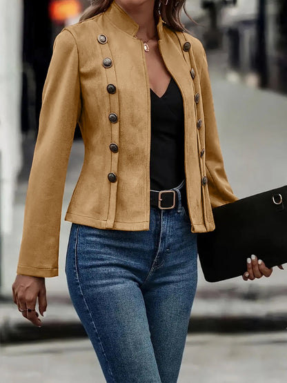 Faux Suede Long Sleeves Button Decor Cropped Jacket