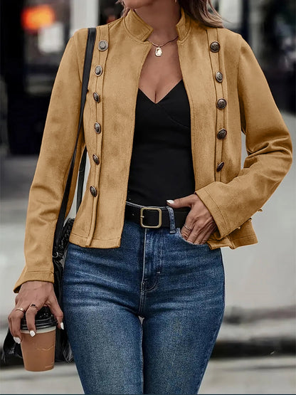 Faux Suede Long Sleeves Button Decor Cropped Jacket