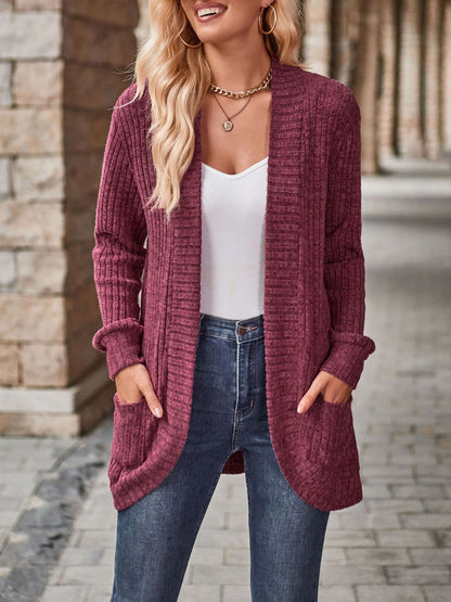 Solid Color Ribbed Knit Long Sleeves Pocketed Cardigan