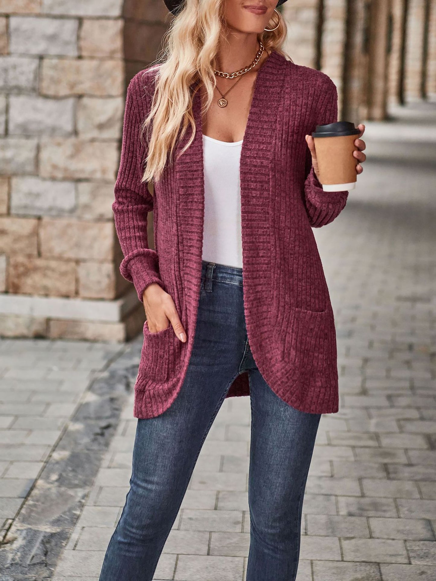 Solid Color Ribbed Knit Long Sleeves Pocketed Cardigan