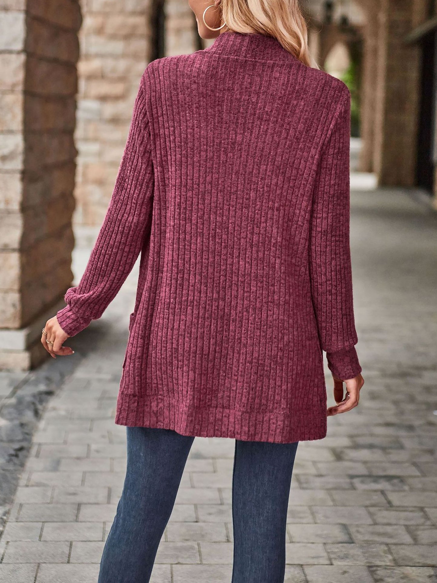 Solid Color Ribbed Knit Long Sleeves Pocketed Cardigan