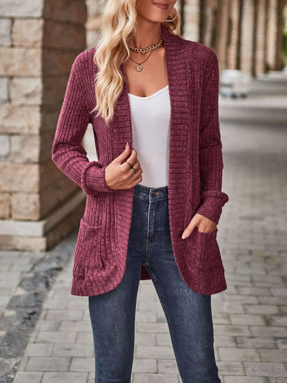 Solid Color Ribbed Knit Long Sleeves Pocketed Cardigan