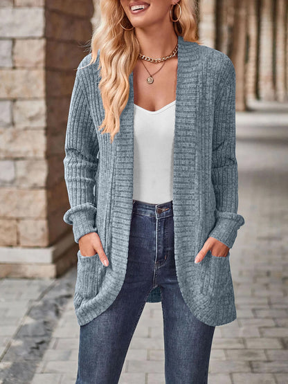 Solid Color Ribbed Knit Long Sleeves Pocketed Cardigan