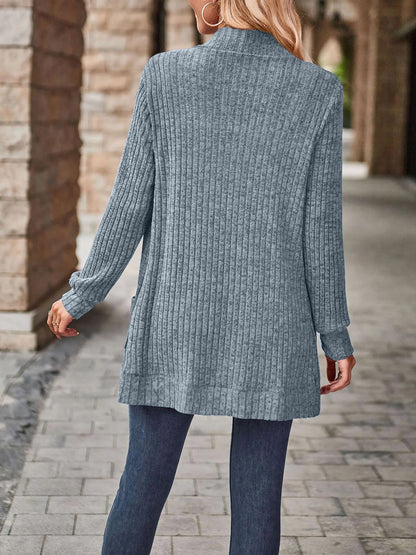 Solid Color Ribbed Knit Long Sleeves Pocketed Cardigan