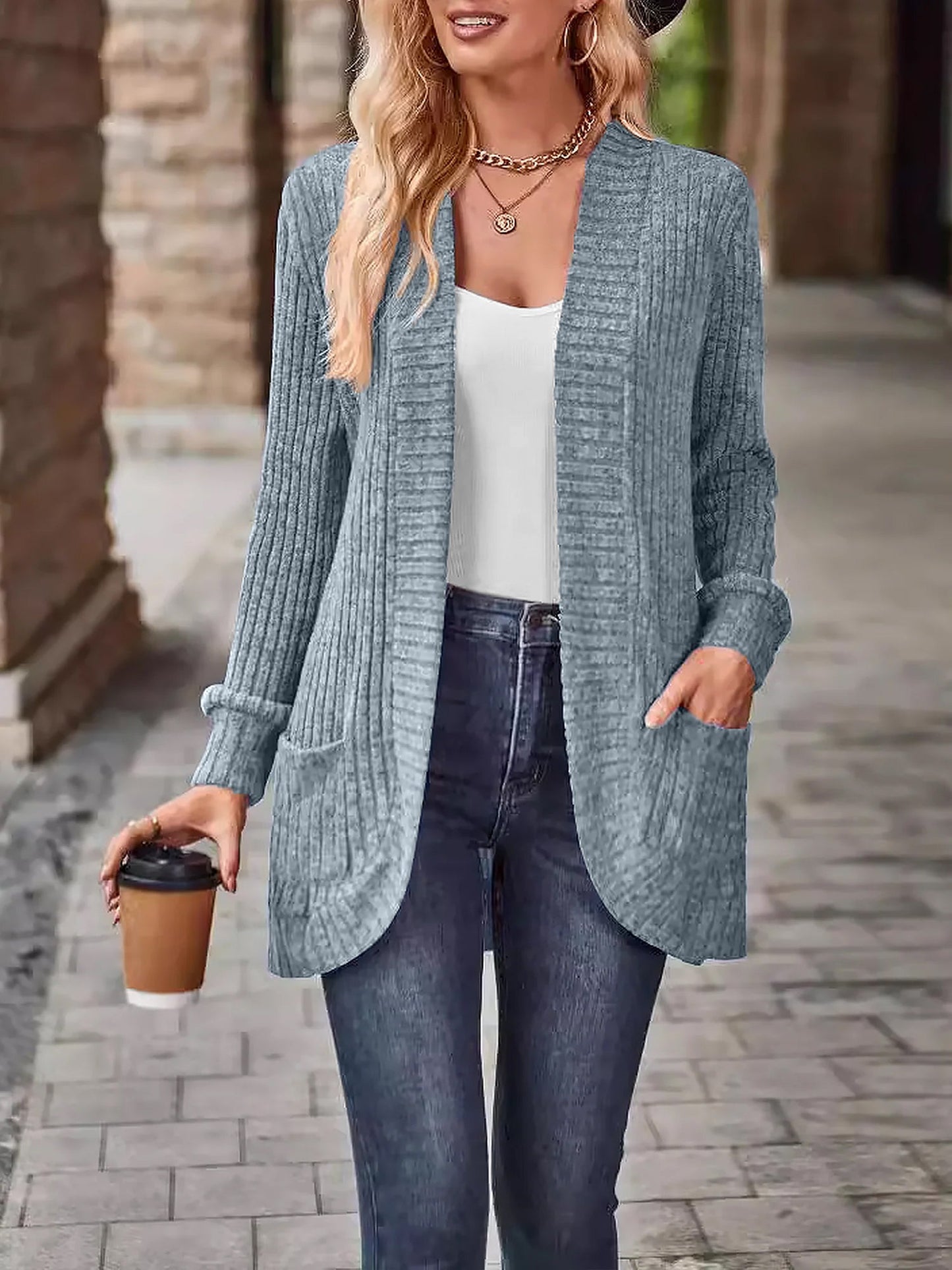 Solid Color Ribbed Knit Long Sleeves Pocketed Cardigan