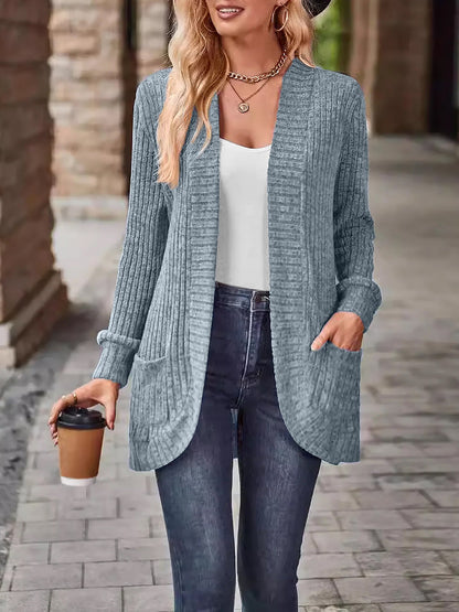 Solid Color Ribbed Knit Long Sleeves Pocketed Cardigan