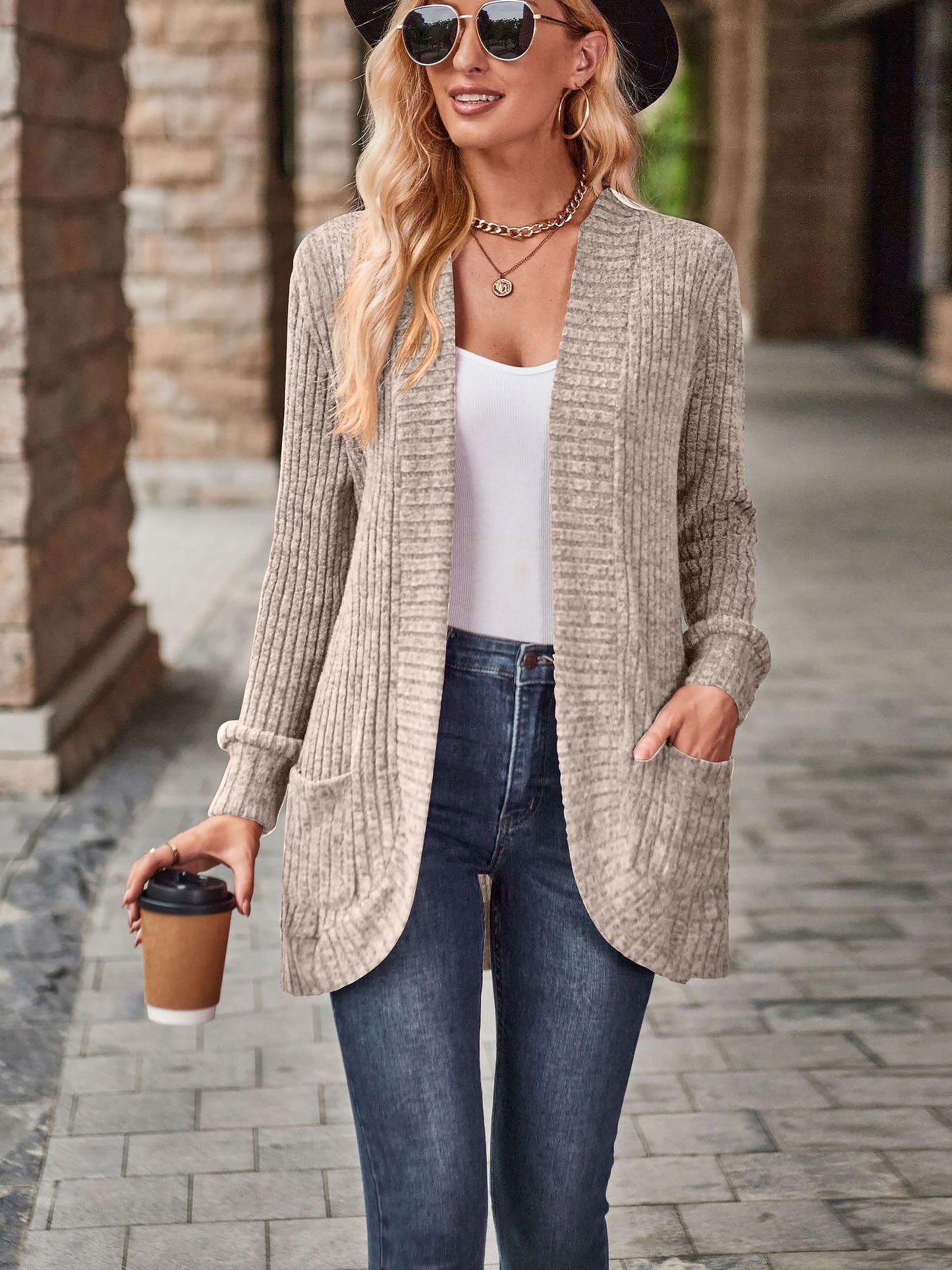 Solid Color Ribbed Knit Long Sleeves Pocketed Cardigan