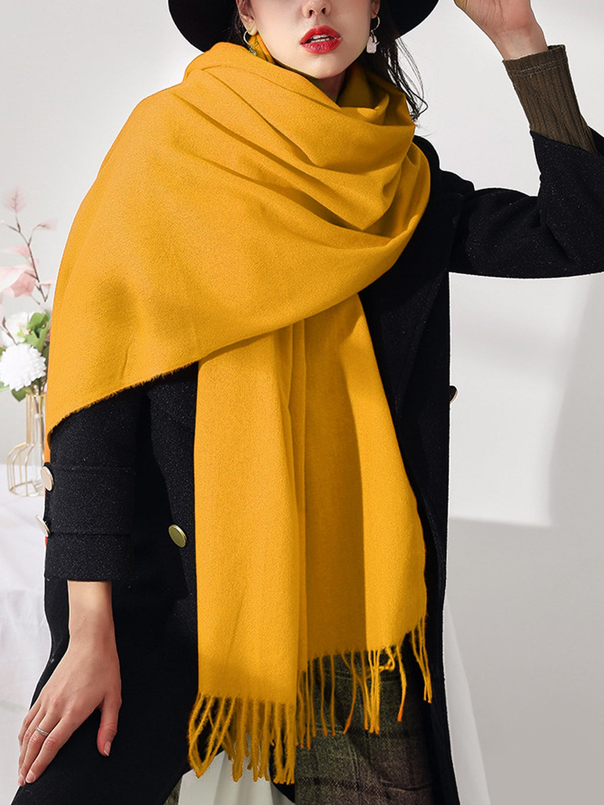 Solid Color Mid Length Winter Tassel Scarf