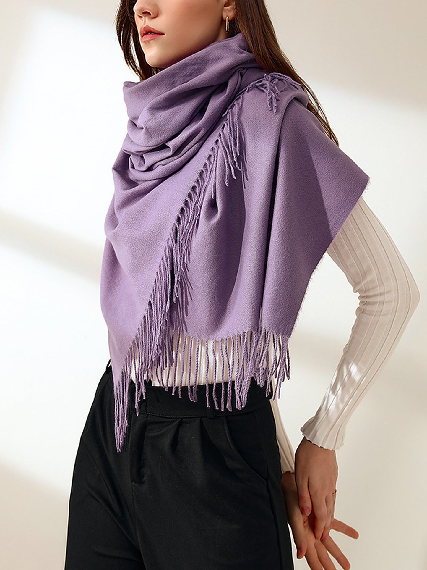 Solid Color Mid Length Winter Tassel Scarf