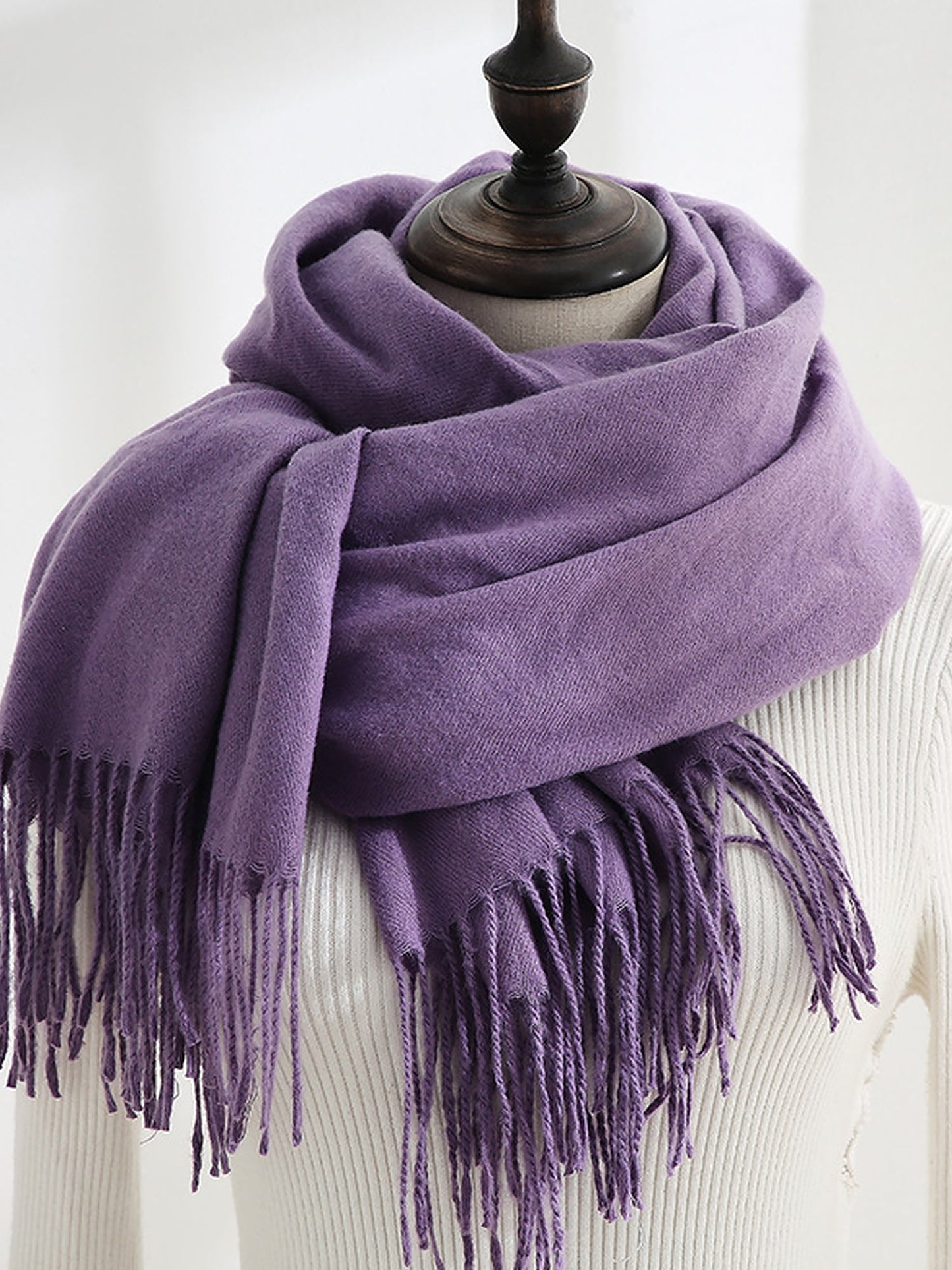 Solid Color Mid Length Winter Tassel Scarf