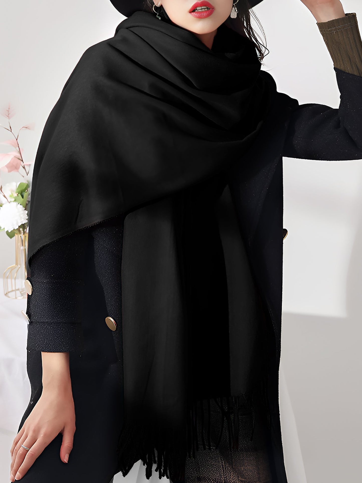 Solid Color Mid Length Winter Tassel Scarf