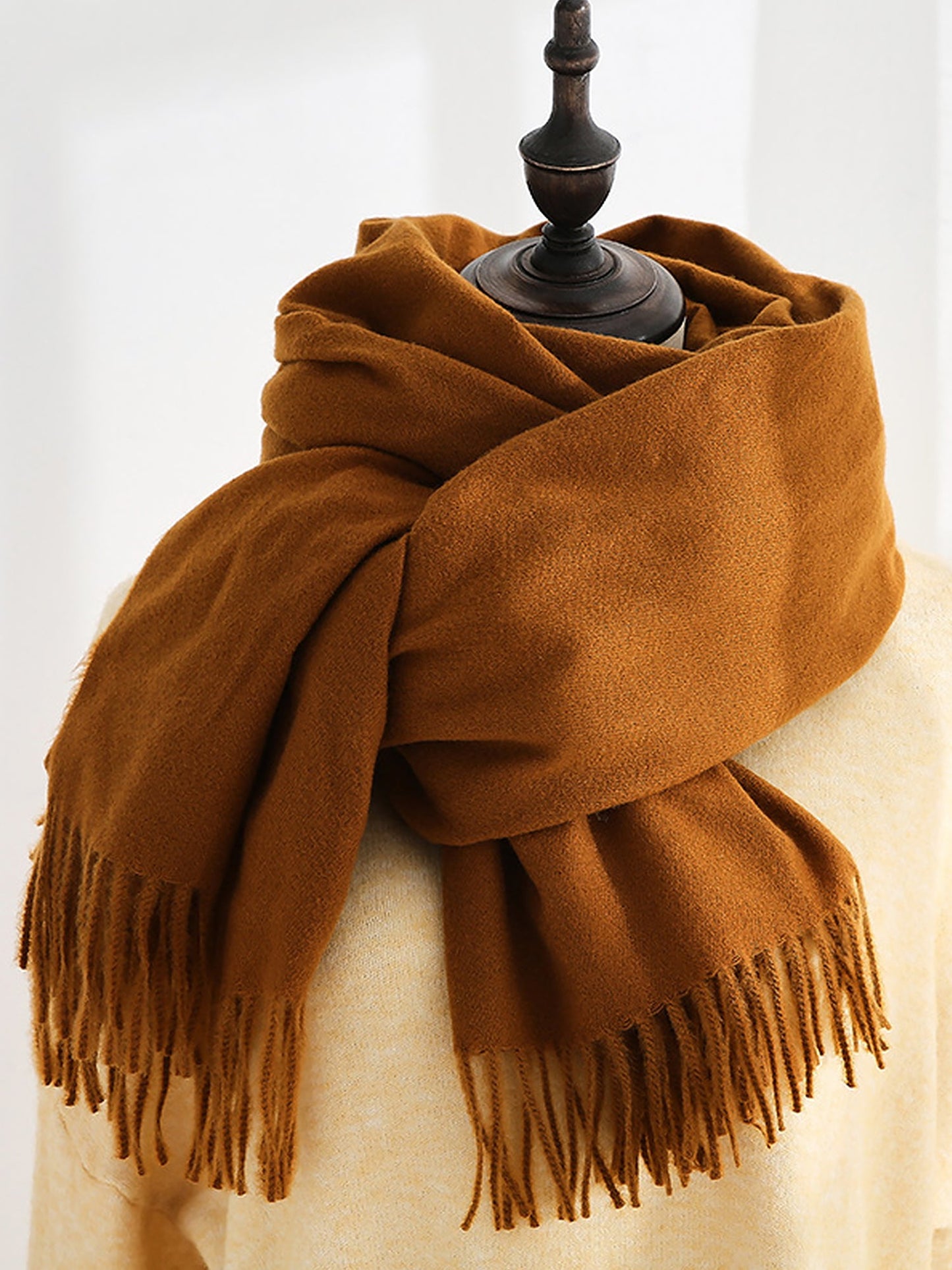Solid Color Mid Length Winter Tassel Scarf