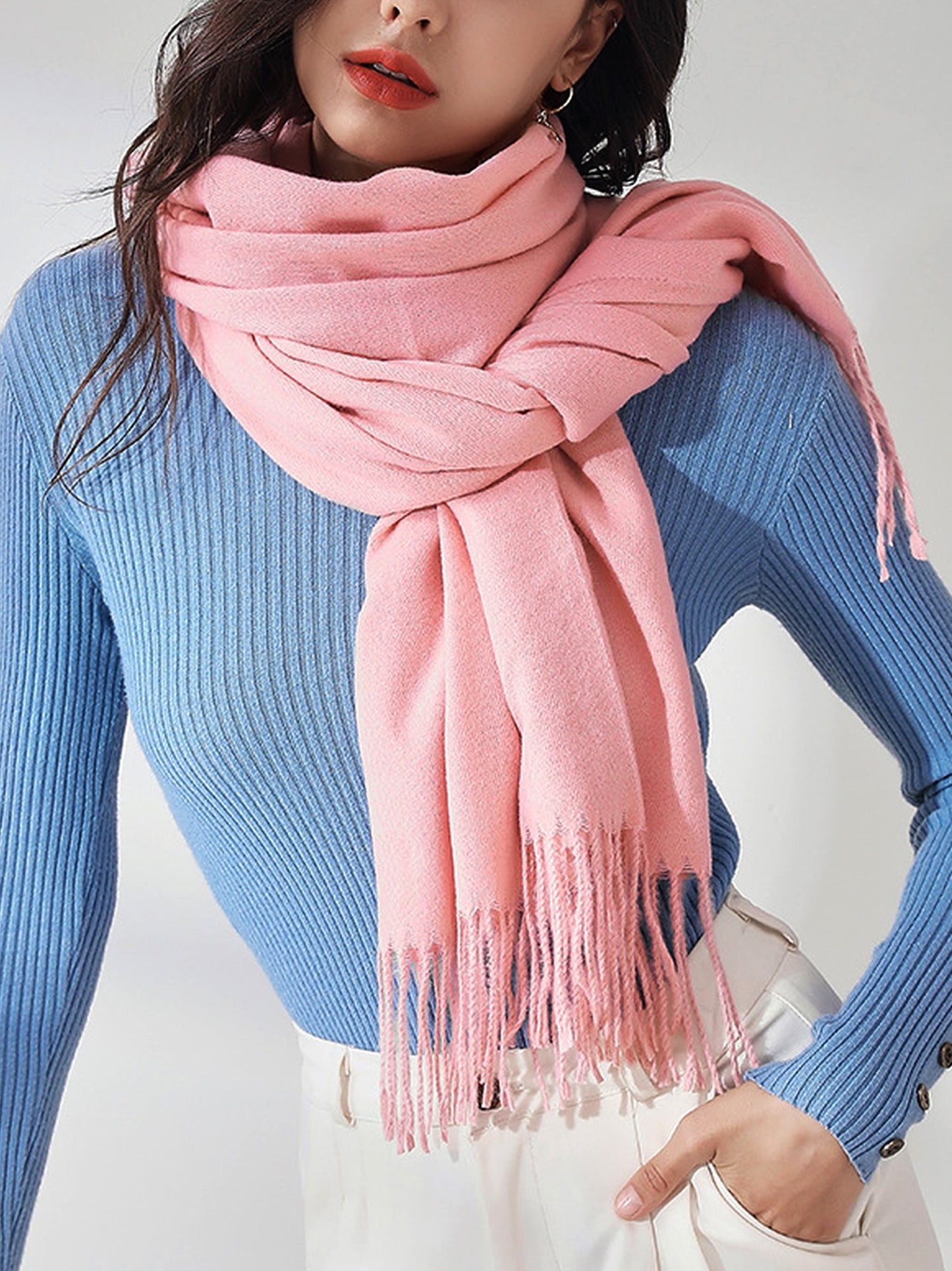 Solid Color Mid Length Winter Tassel Scarf