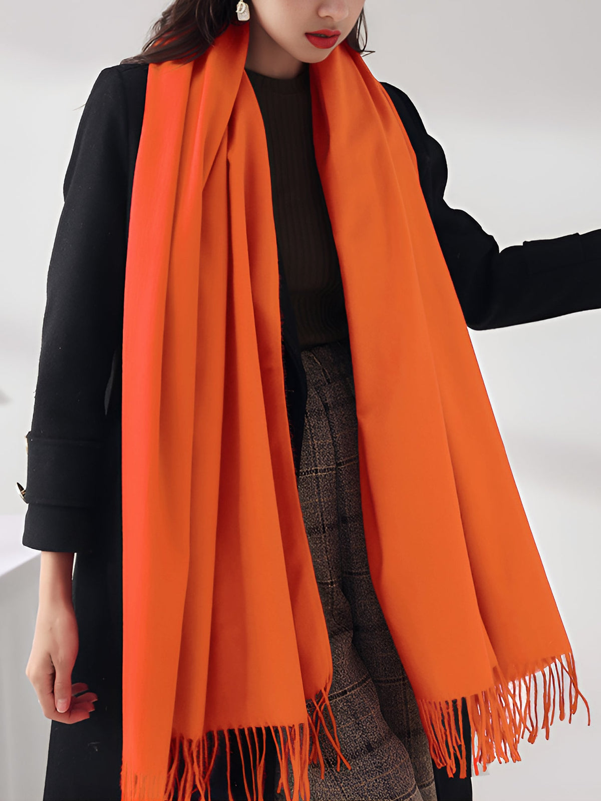 Solid Color Mid Length Winter Tassel Scarf