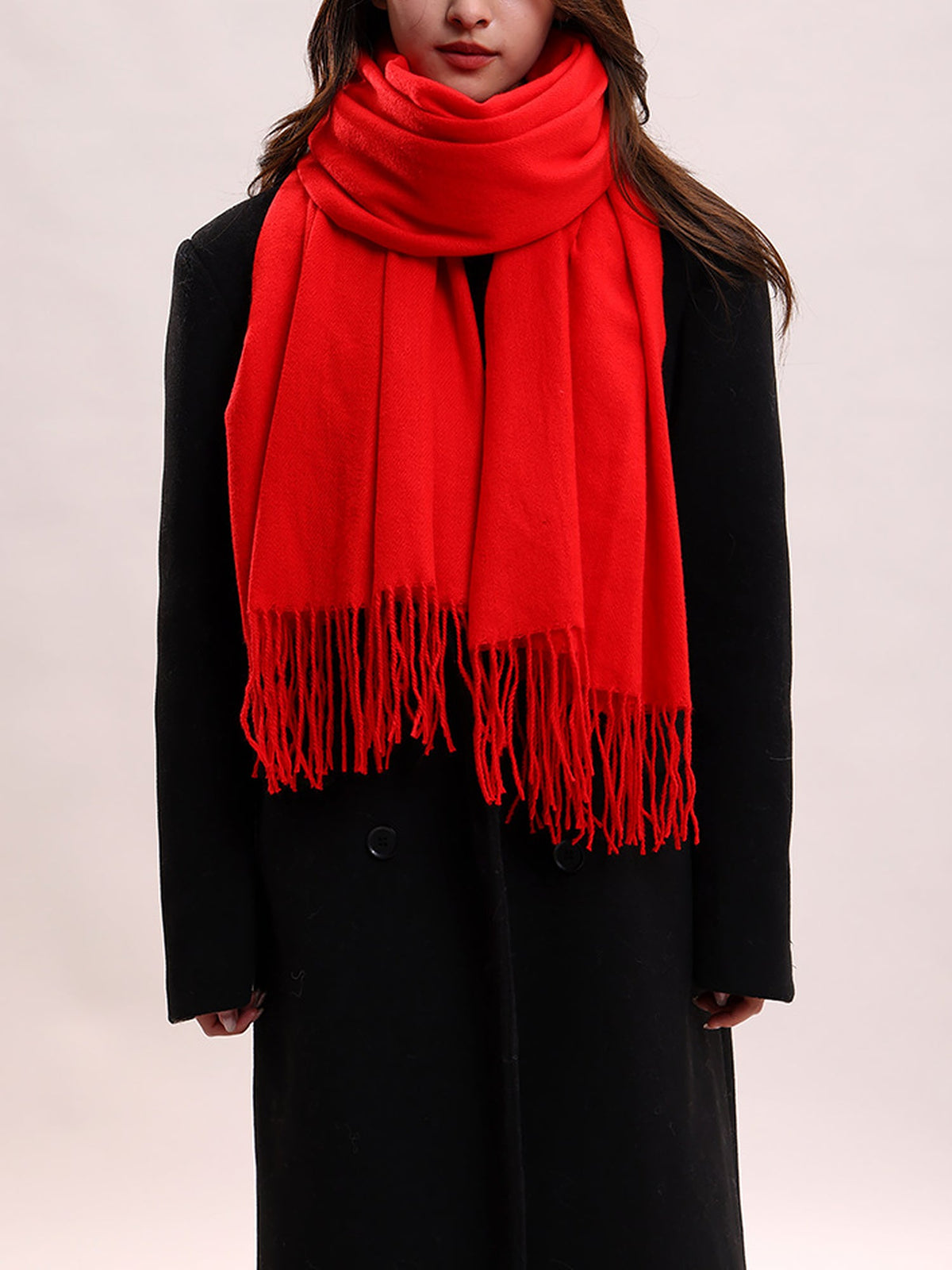 Solid Color Mid Length Winter Tassel Scarf