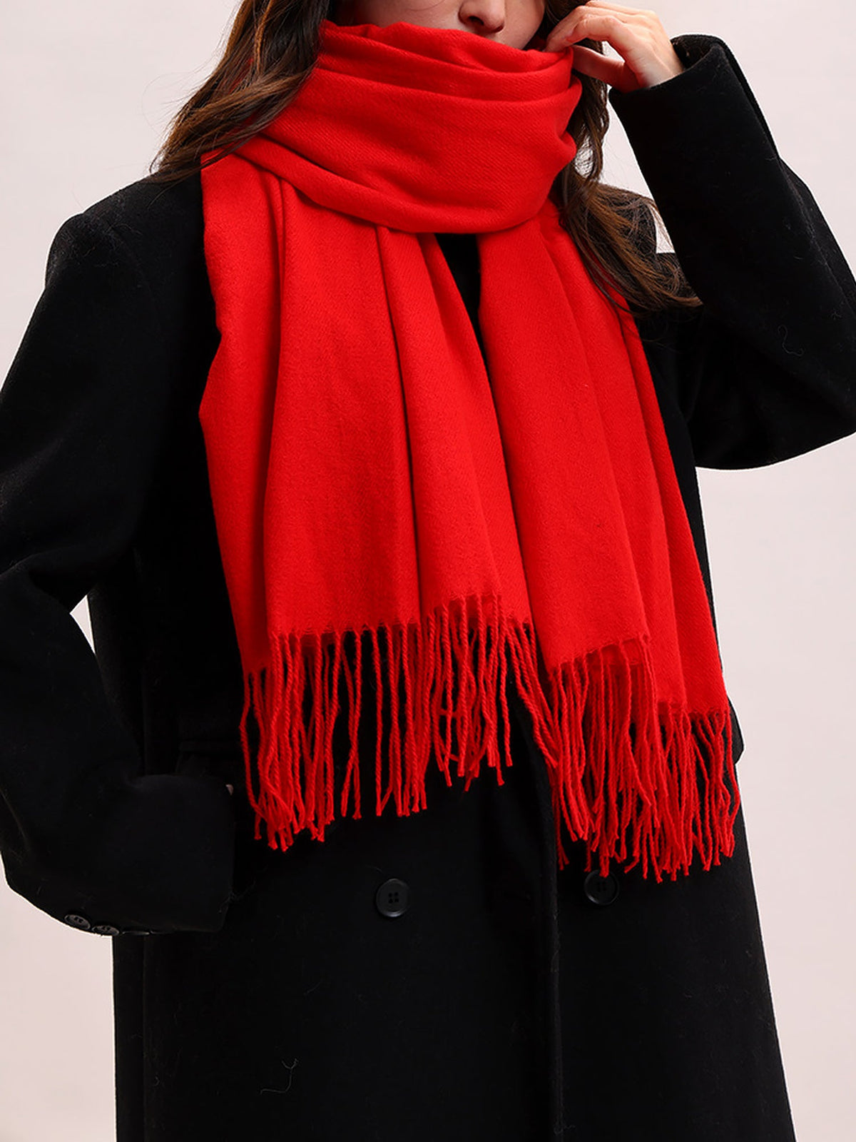 Solid Color Mid Length Winter Tassel Scarf