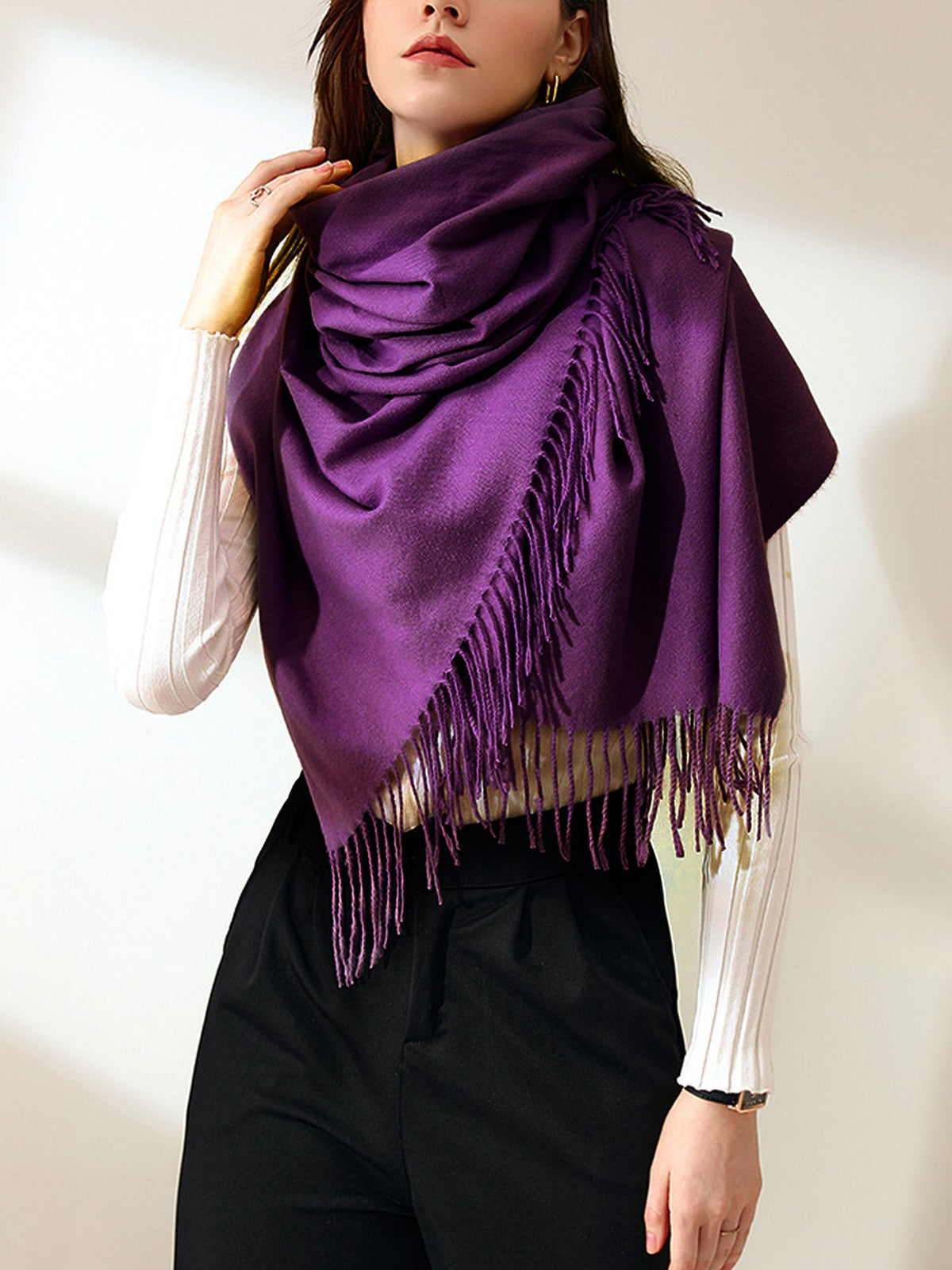 Solid Color Mid Length Winter Tassel Scarf