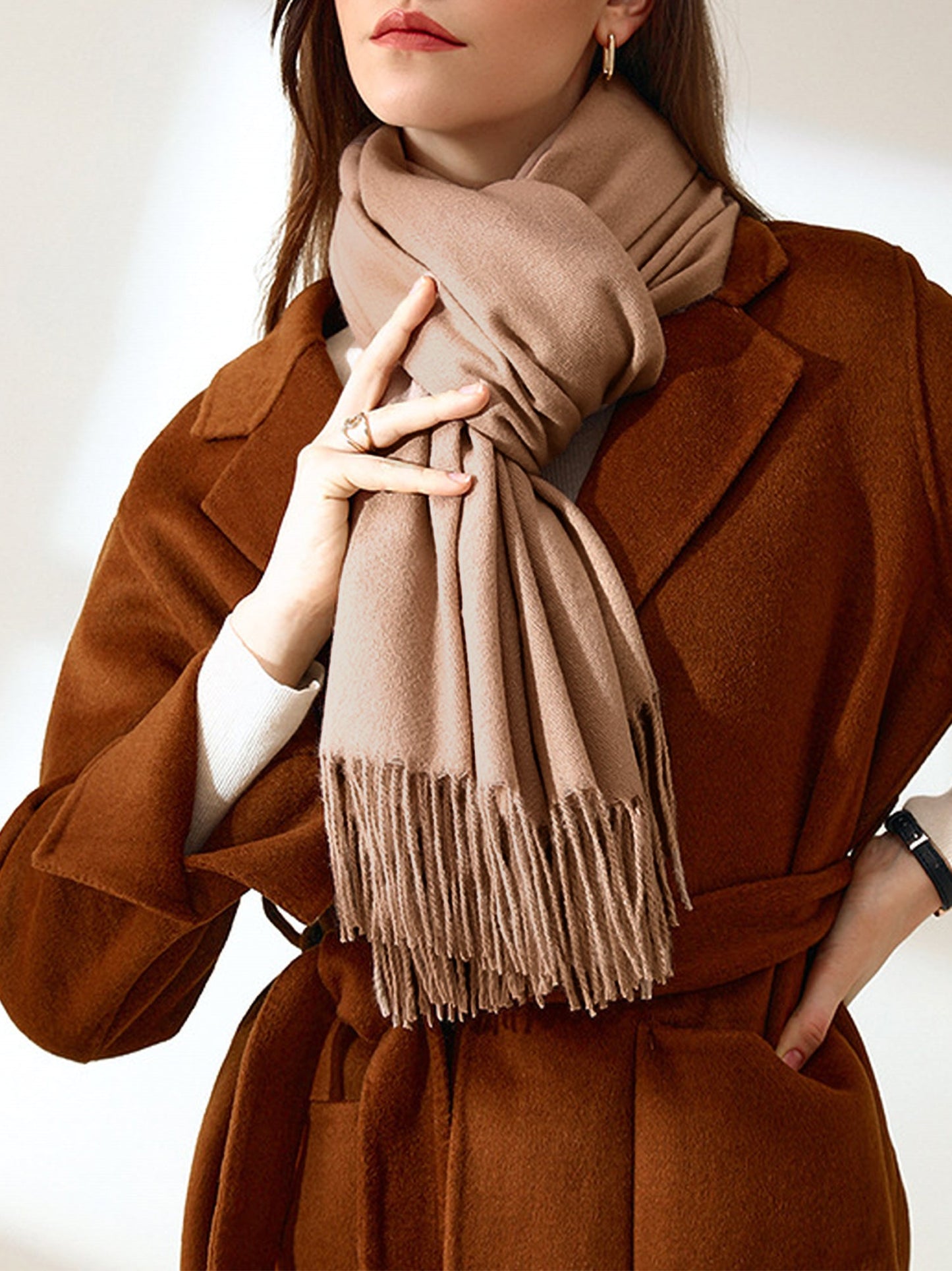 Solid Color Mid Length Winter Tassel Scarf