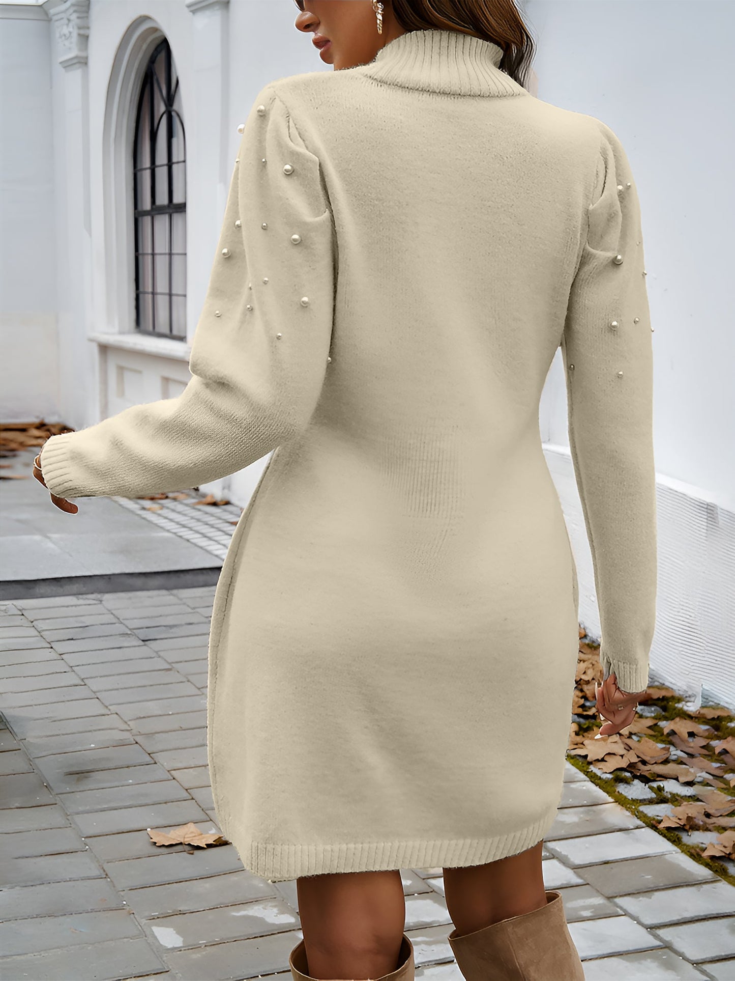Mock Neck Faux Pearl Decor Mini Sweater Dress