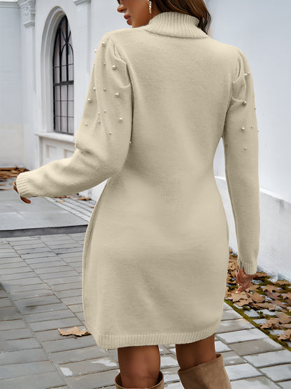Mock Neck Faux Pearl Decor Mini Sweater Dress