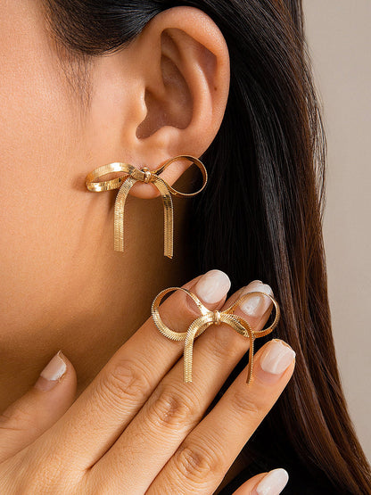 Alloy Faux Pearl Rhinestones Bow Shape Stud Earrings