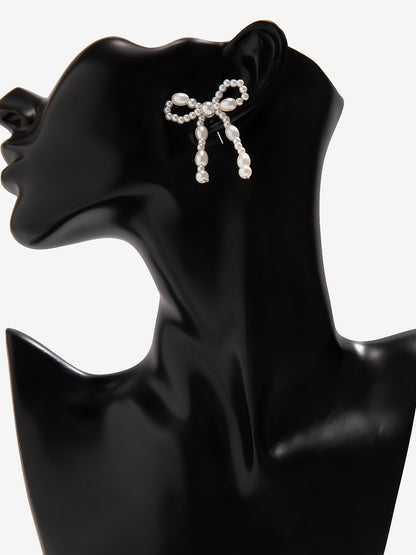Alloy Faux Pearl Rhinestones Bow Shape Stud Earrings