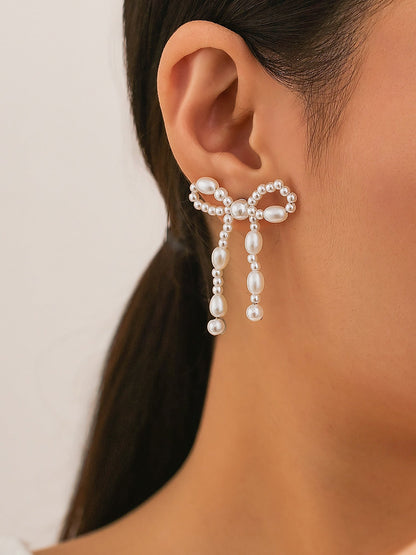 Alloy Faux Pearl Rhinestones Bow Shape Stud Earrings