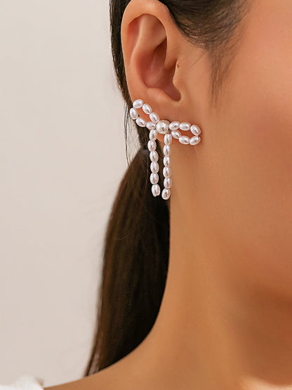 Alloy Faux Pearl Rhinestones Bow Shape Stud Earrings