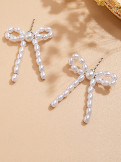 Alloy Faux Pearl Rhinestones Bow Shape Stud Earrings