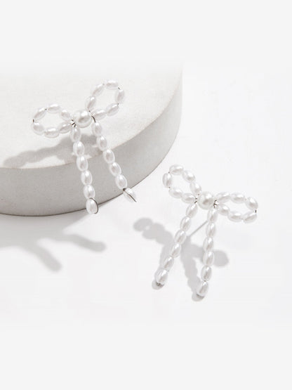 Alloy Faux Pearl Rhinestones Bow Shape Stud Earrings