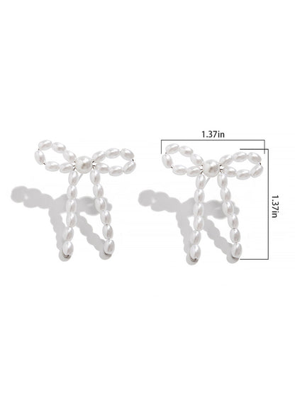 Alloy Faux Pearl Rhinestones Bow Shape Stud Earrings