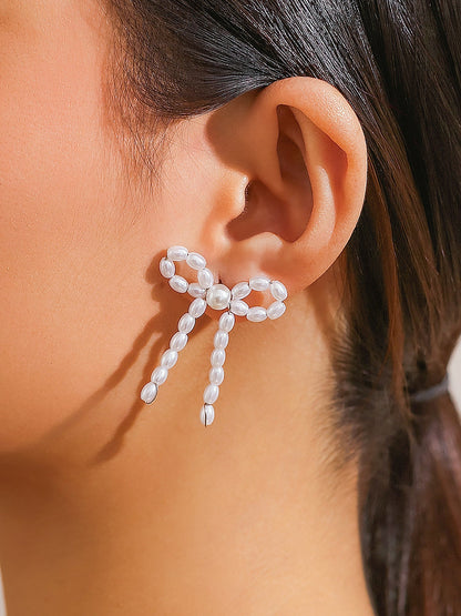 Alloy Faux Pearl Rhinestones Bow Shape Stud Earrings
