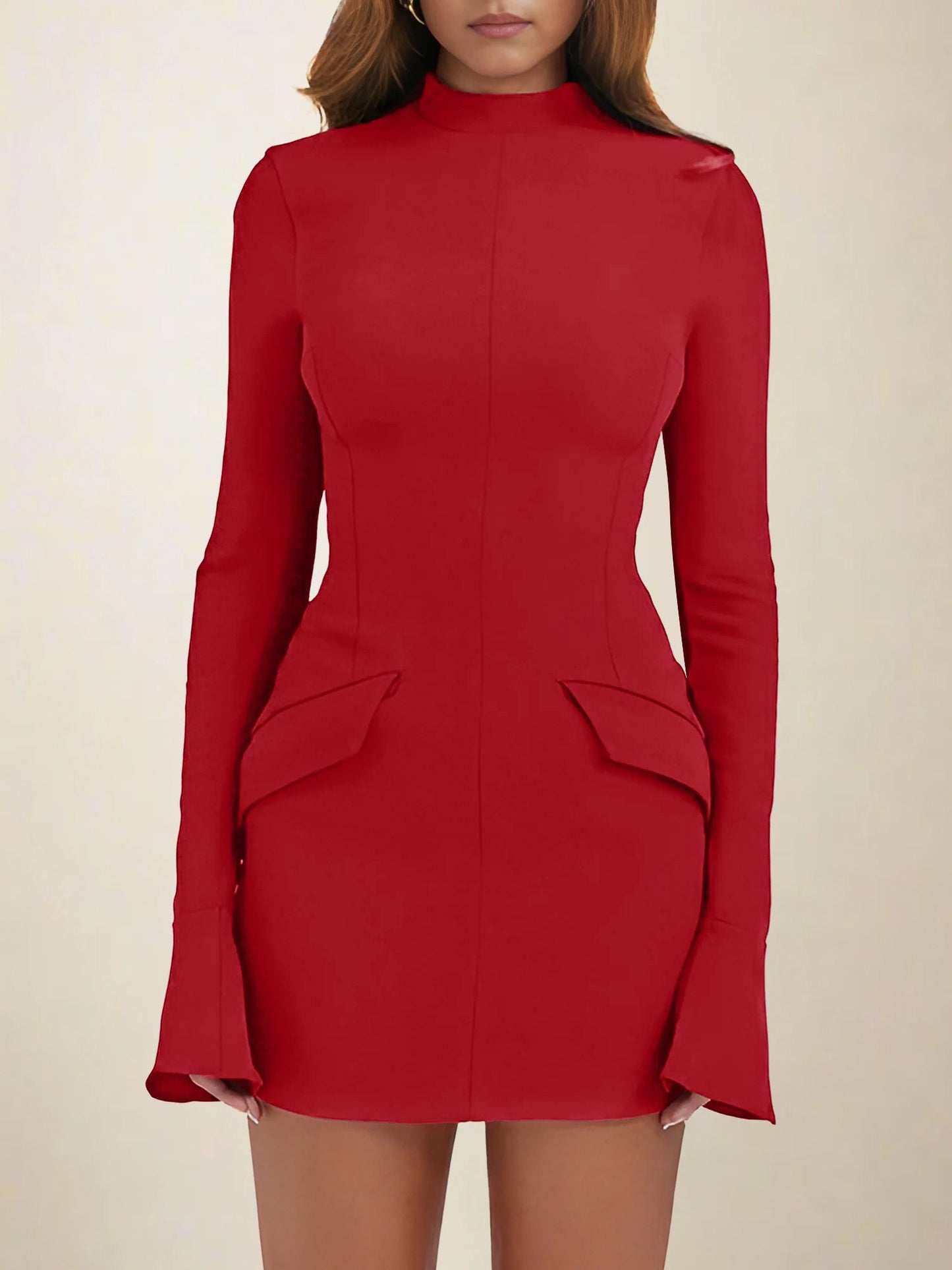 Mock Neck Solid Color Long Sleeve Bodycon Mini Dress