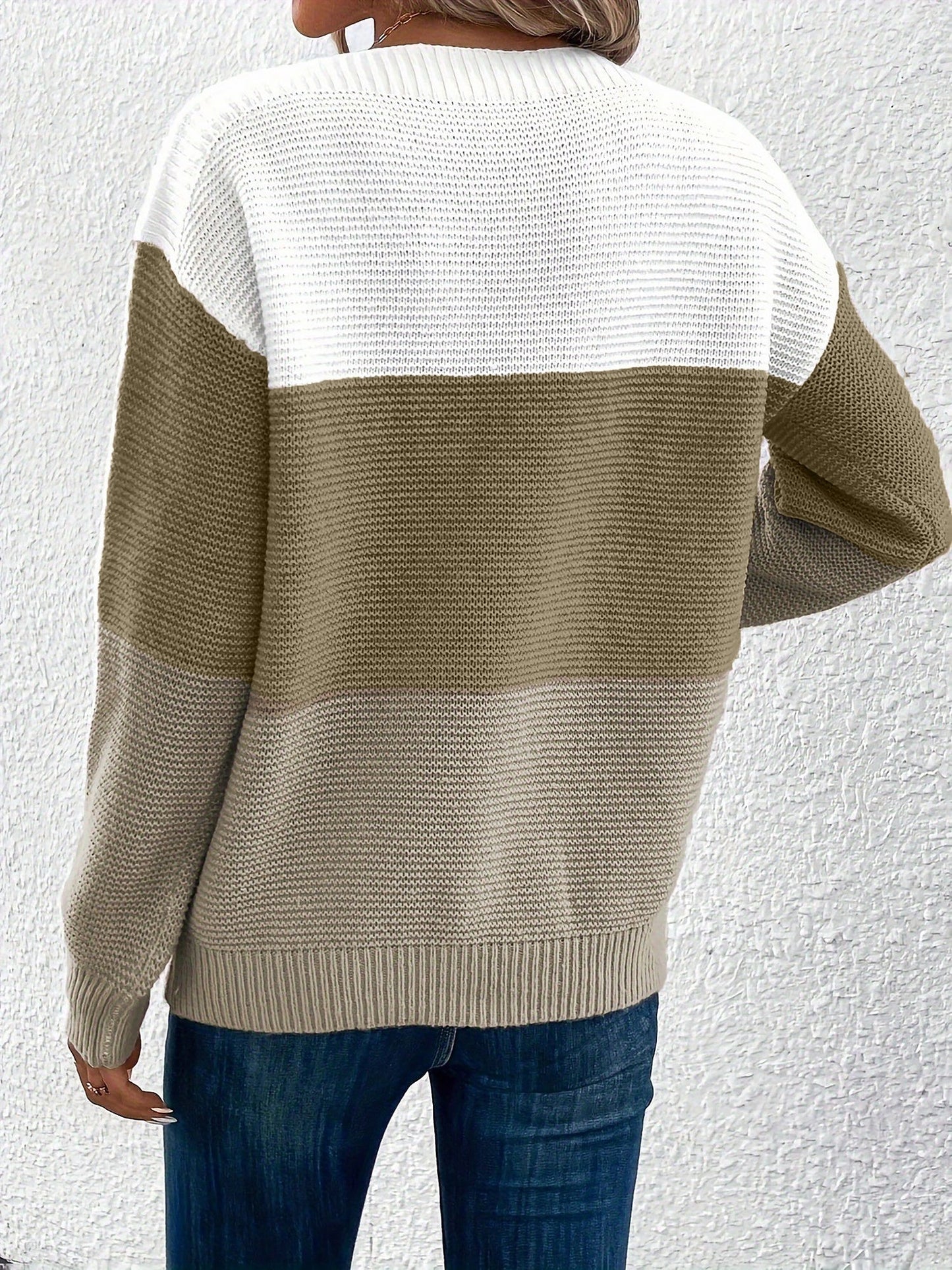 Round Neck Colorblock Long Sleeve Knitted Sweater