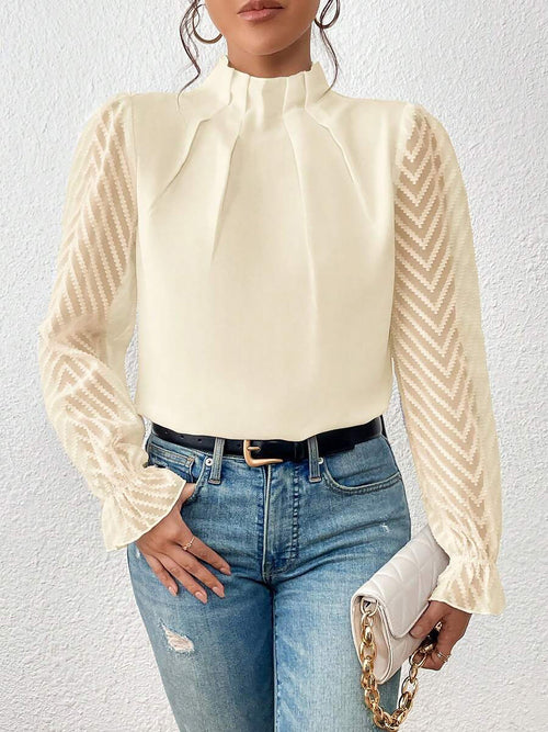 Wrinkle-Resistant Chiffon Mock Neck Sheer Long Sleeves Pleated Work & Business Blouse