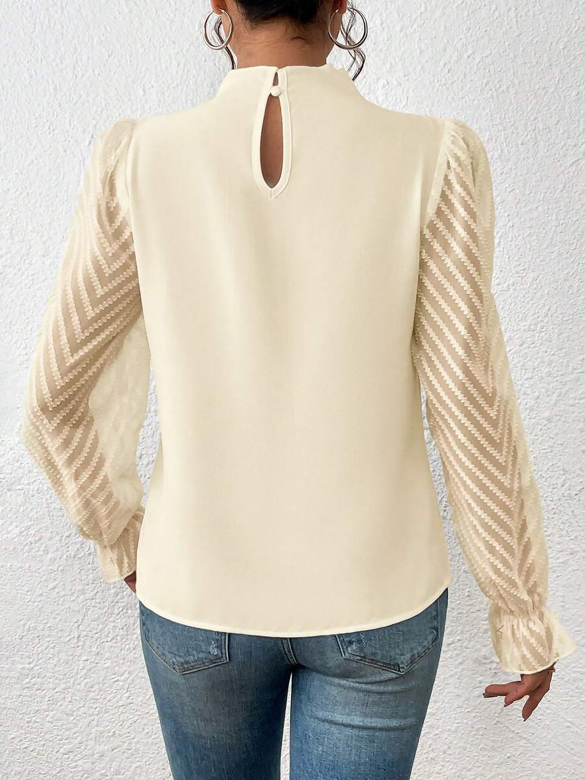 Wrinkle-Resistant Chiffon Mock Neck Sheer Long Sleeves Pleated Work & Business Blouse