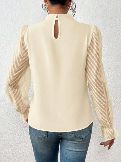 Wrinkle-Resistant Chiffon Mock Neck Sheer Long Sleeves Pleated Work & Business Blouse