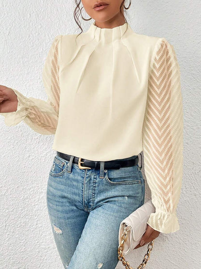 Wrinkle-Resistant Chiffon Mock Neck Sheer Long Sleeves Pleated Work & Business Blouse