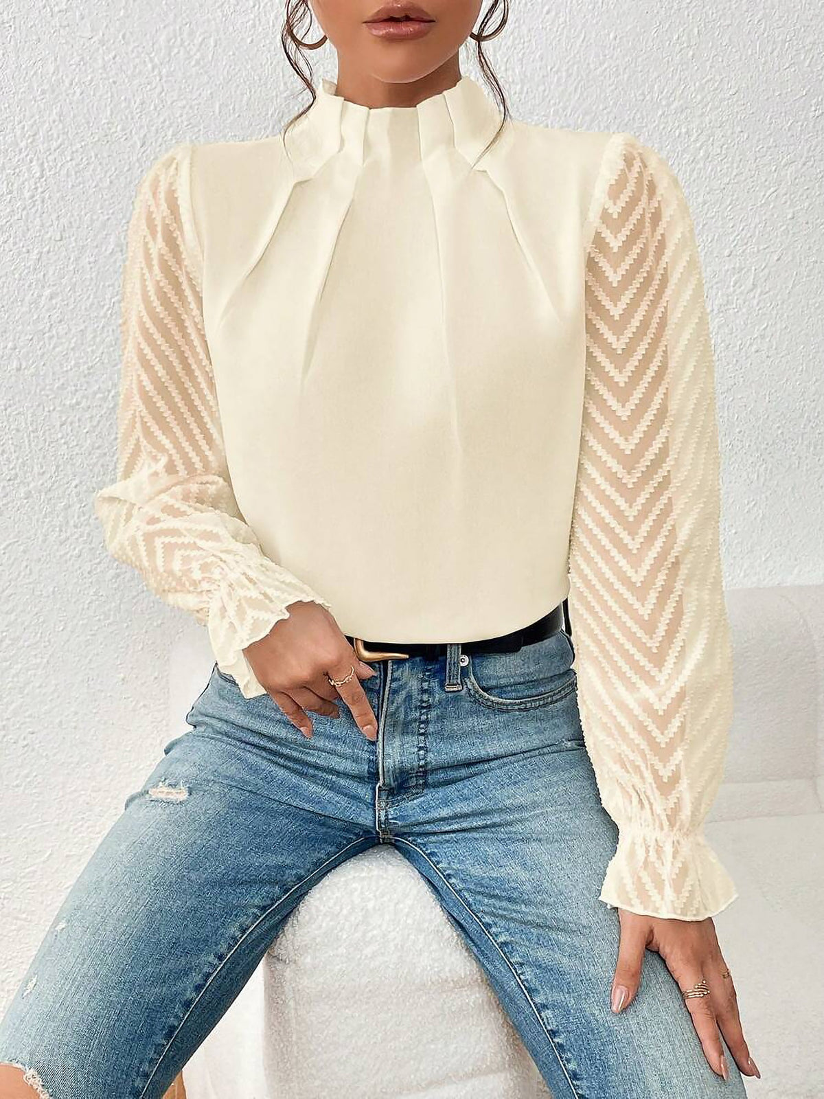 Wrinkle-Resistant Chiffon Mock Neck Sheer Long Sleeves Pleated Work & Business Blouse