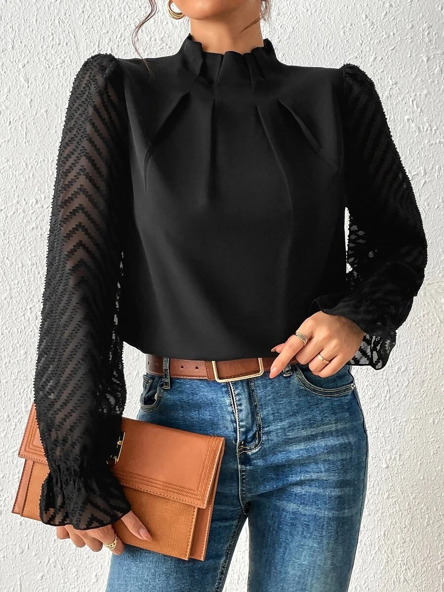 Wrinkle-Resistant Chiffon Mock Neck Sheer Long Sleeves Pleated Work & Business Blouse
